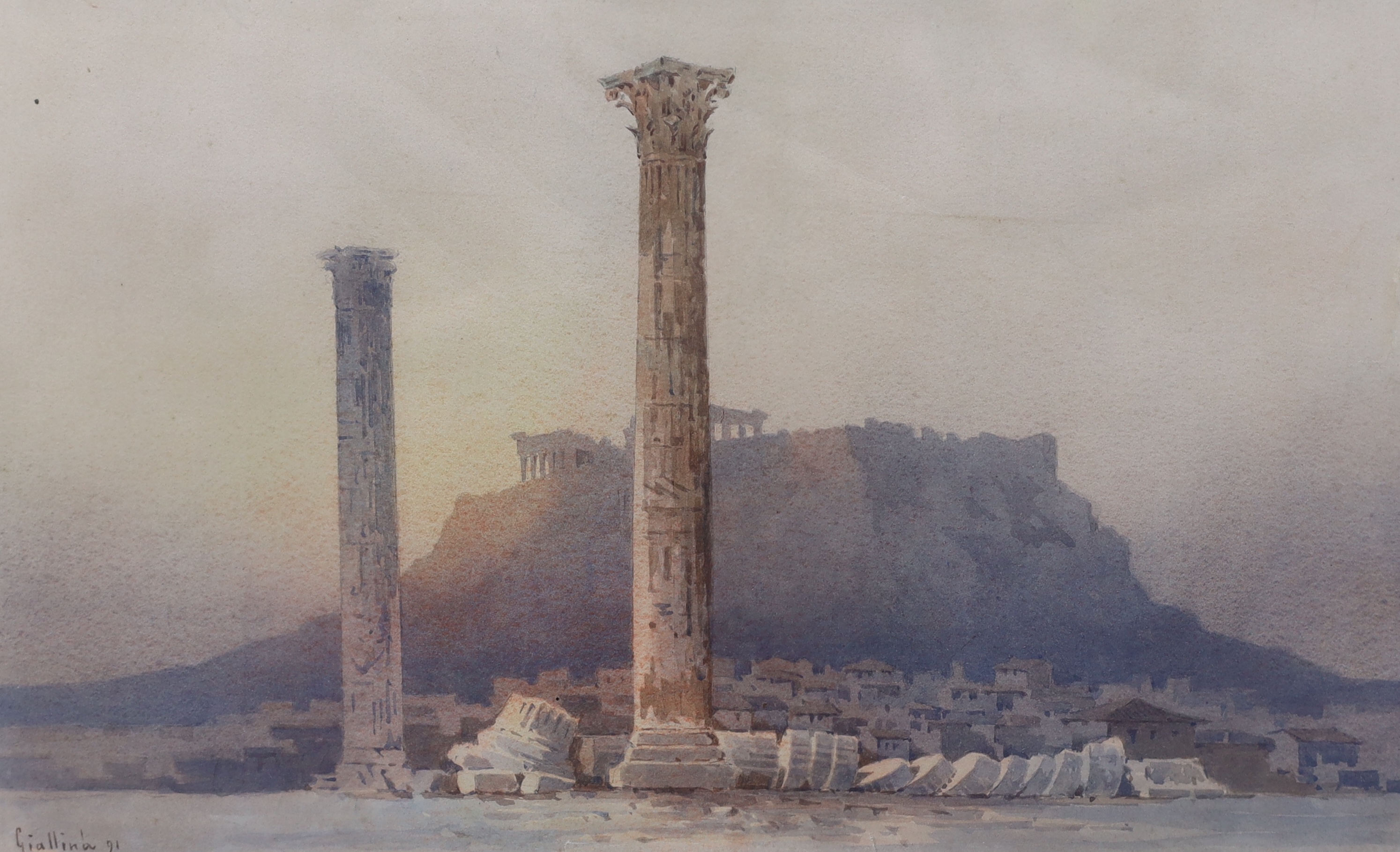 Angelos Giallina (Greek, 1857-1939), The Acropolis at Athens, watercolour, 36.5 x 44cm